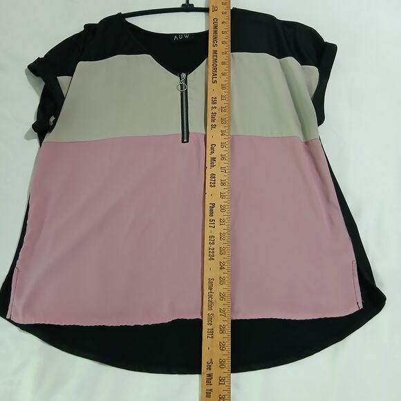 AUW short-sleeved blouse exposed zip-front accent pink/black/cream blocks - Picture 10 of 13